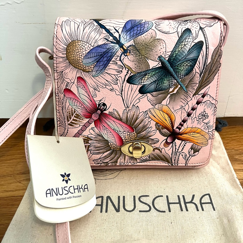 Anuschka Pink Leather Hand Painted Dragonfly Flap Front Crossbody Bag w/ RFID